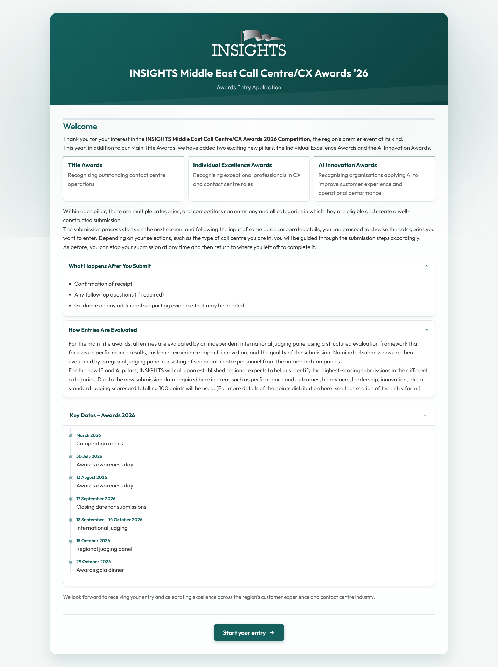 Start page of the awards form